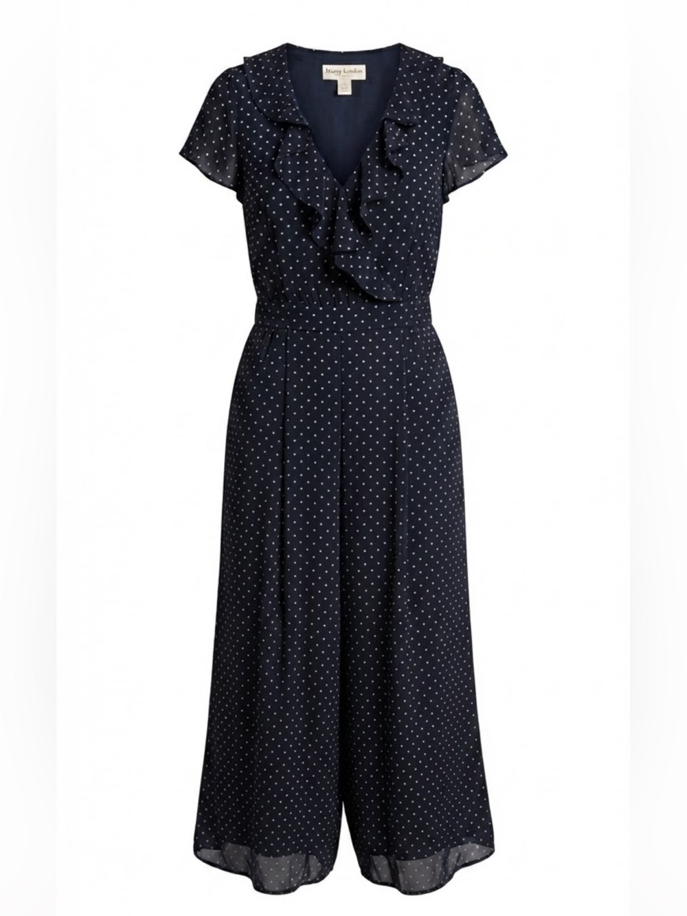 Maggy London Navy Blue Polka Dot Ruffle Culotte Jumpsuit Size 8